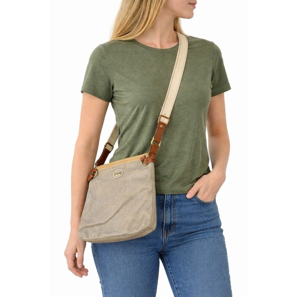 VTG Fossil Metallic Gold Silver  Crossbody Bag Canvas Leather Strap Small Purse